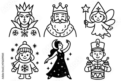 Winter Celebration Figures outline icon set: ice queen, jolly king, star fairy, snow sprite, midnight dancer, festive drummer.