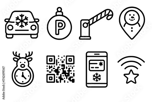 Festive Smart Parking outline icon set: snowflake car icon, ornament parking sign, candy cane barrier gate, frosty location pin, reindeer timer, glowing QR code, holiday payment