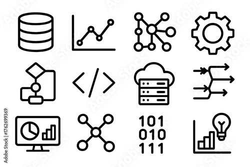 Data-Driven Systems outline icon set: database icon, analytics chart, neural network, gear symbol, algorithm path, code brackets, cloud server, data flow, dashboard screen,