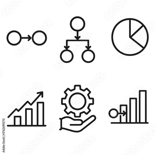 Causal Reasoning outline icon set: cause-effect arrows, flow diagram, variable nodes, probability wheel, impact chart, intervention icon.