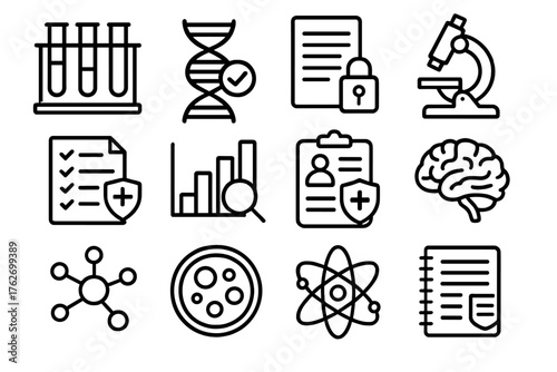 Professional Medical Research outline icon set: structured lab icon, verified DNA model, secure data sheet, enterprise microscope, compliance document, analytics chart, medical