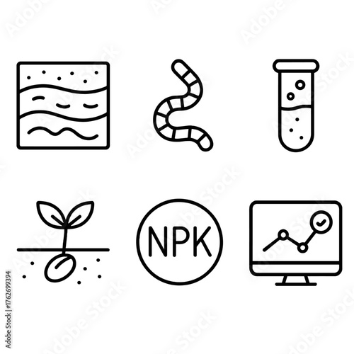 Soil Health outline icon set: soil layers, earthworm icon, test tube, seed sprout, nutrient symbol, monitoring chart.