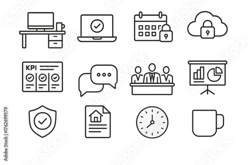 Professional Workplace Flexibility outline icon set: structured desk setup, verified laptop, enterprise calendar, secure cloud icon, KPI task board, corporate chat, leadership