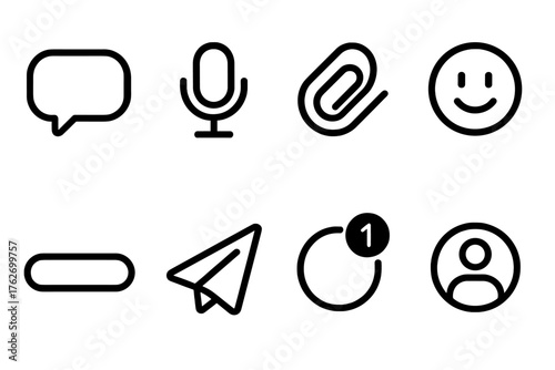 Messaging Tools outline icon set: chat bubble, microphone icon, file attachment, emoji picker, message input bar, paper plane send button, notification badge, contact avatar.