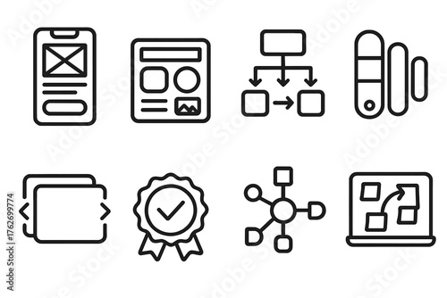 UI/UX App Prototypes outline icon set: visual design mockup, component library icon, prototype navigation path, user flow arrows, color palette guide, screen transition frame,