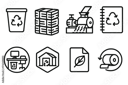Paper Recycling Systems outline icon set: paper bin icon, baled paper stack, pulping machine graphic, recycled notebook symbol, eco office collection, sorting facility badge,
