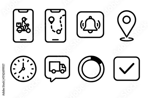 Mobile Order Tracking outline icon set: smartphone tracking app, live route animation, push notification alert, map pin icon, delivery countdown timer, courier chat icon, progress