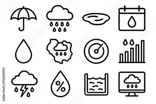 Seasonal Rainfall outline icon set: umbrella, cloud burst, puddle, calendar month, raindrop icon, weather map, radar icon, bar chart, storm cloud, humidity icon, water level,