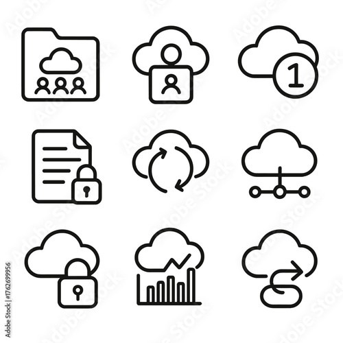 Business Cloud Storage outline icon set: team folder icon, permission control panel, version history badge, centralized data hub, secure file transfer, real-time sync arrows, audit