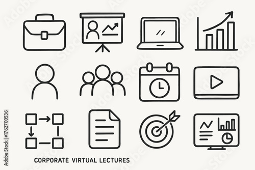 Corporate Virtual Lectures set of icons in doodle hand-drawn vector style: briefcase, presentation board, laptop, data chart, speaker avatar, team icon, meeting schedule, video