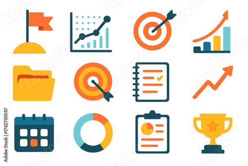 Progress Monitoring flat icons: goal flag, line graph, bar chart, document folder, target icon, notebook, trend arrow, calendar, progress ring, clipboard, report page, trophy icon.