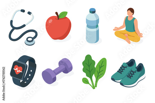 Health Self-Care set icons in modern isometric flat vector style: stethoscope, apple, water bottle, yoga pose, heart rate monitor, dumbbell, leafy greens, running shoes.