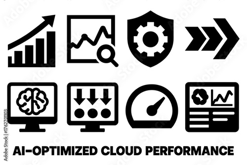 AI-Optimized Cloud Performance silhouette set: predictive scaling chart, anomaly detection graph, automated optimization badge, resource forecasting icon, machine learning insights