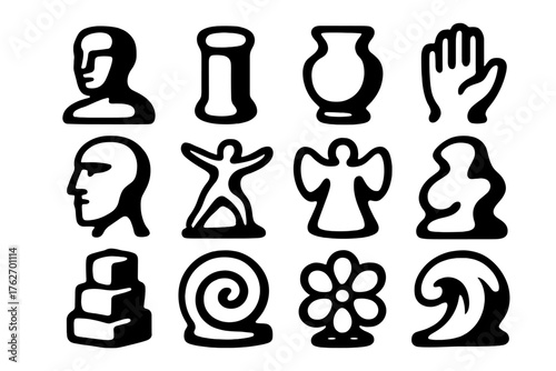 Artistic Snow Sculptures silhouette set: snow bust, snow column, snow vase, snow hand, snow face, snow dancer, snow angel, snow abstract form, snow cube stack, snow spiral, snow