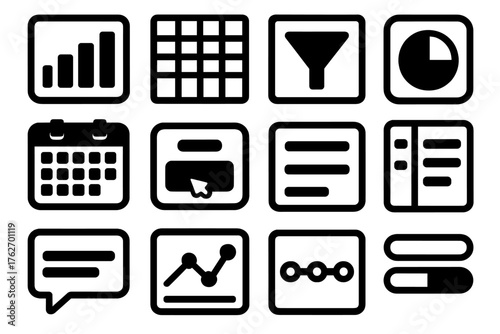 Dashboard UI Components silhouette set: chart widget, data table, filter icon, KPI card, calendar picker, dropdown, tab bar, sidebar, tooltip, analytics graph, progress tracker,