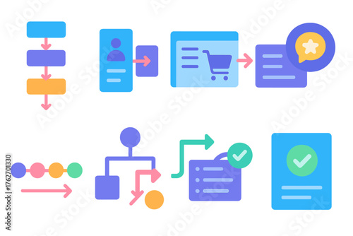 User Flows flat icons: onboarding process map, login-to-dashboard path, checkout journey chart, feedback submission flow, multi-step form arrows, navigation decision tree, task