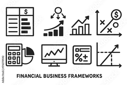 Financial Business Frameworks set of icons in doodle hand-drawn vector style: cost structure table, revenue streams chart, profit margin graph, investment portfolio matrix,