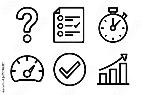 Interactive Quizzes outline icon set: question mark, multiple choice form, timer icon, score gauge, checkmark, result chart.