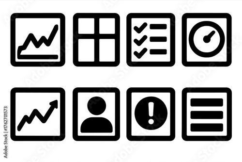 Mobile Dashboards silhouette set: performance graph, summary tiles, task overview, circular gauge, trend line, user metrics, alert badge, navigation menu.