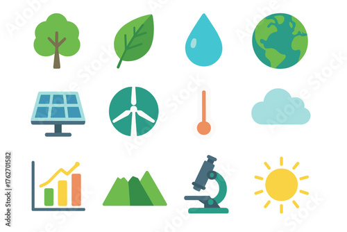 Environmental Science flat icons: tree, leaf, water droplet, globe, solar panel, wind turbine, thermometer, cloud, data chart, mountain, microscope, sun icon.