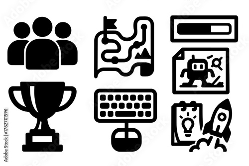 Indie Development silhouette set: small team icon, level map, concept sketch, progress bar, trophy, keyboard, idea note, launch rocket.