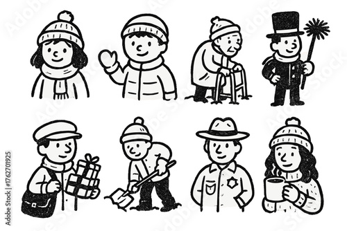 Cold Season Figures set of icons in doodle hand-drawn vector style: wool-hatted girl, mittened boy, elderly walker in snow, chimney sweep, postman with gifts, snow shoveler, park