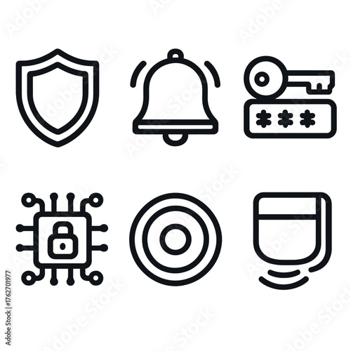 Security Features outline icon set: shield badge, alert bell, password key, encryption icon, camera lens, motion sensor.