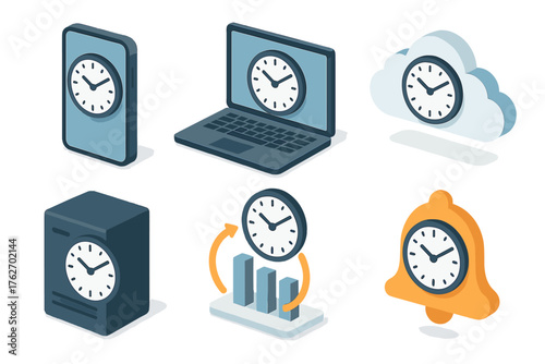 Digital time zone set icons in modern isometric flat vector style: smartphone, laptop, cloud, server, chart, notification.