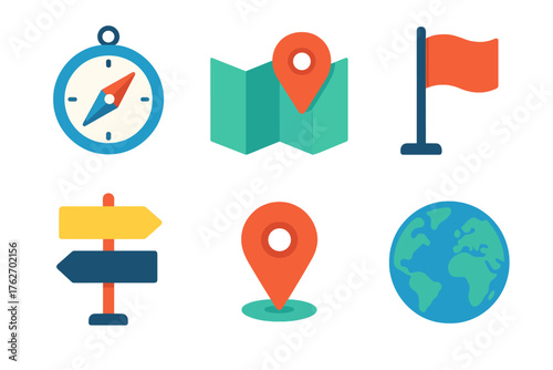 Map locator flat icons: compass, folded map, location pin, flag, road sign, globe.