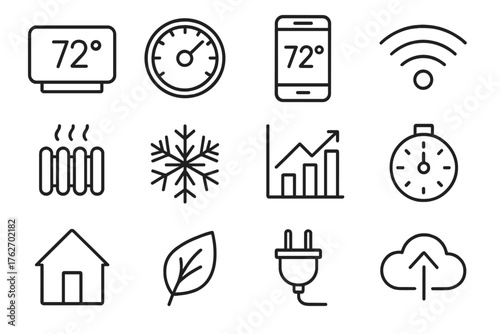 Connected Climate outline icon set: smart thermostat, temperature dial, mobile app, Wi-Fi symbol, heating icon, cooling icon, energy graph, timer, home outline, eco leaf, power