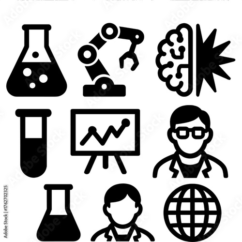 Innovation Highlights silhouette set: laboratory beaker, robotic arm, AI brain, energy burst, test tube, experiment chart, scientist icon, globe.