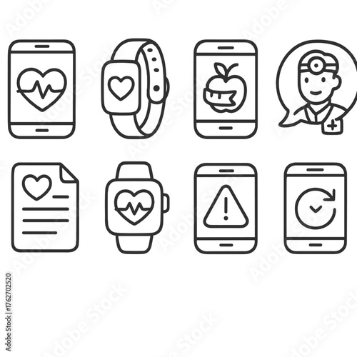 Mobile Health Monitors set of icons in doodle hand-drawn vector style: pulse sensor, activity band, diet app icon, doctor chat, health report, smartwatch display, alert