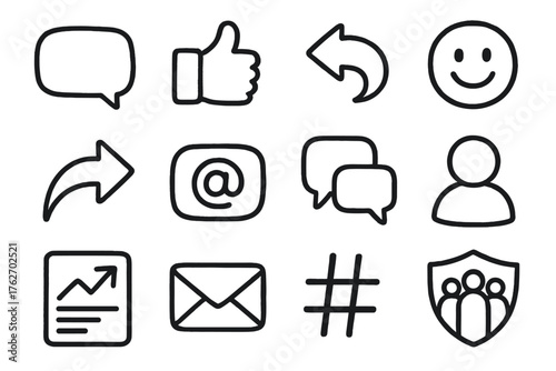 Social Comment Culture set of icons in doodle hand-drawn vector style: post bubble, like button, reply icon, reaction emoji, share arrow, mention tag, comment section, user avatar,