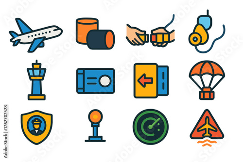 Air Safety flat icons: airplane, black box, seatbelt sign, oxygen mask, control tower, flight recorder, emergency exit, parachute, pilot badge, runway light, radar screen,