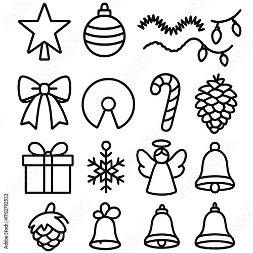 Holiday Tree Accessories outline icon set: star topper, ornament set, tinsel garland, light string, ribbon bow, tree skirt, candy cane, pinecone, gift box, snowflake ornament,