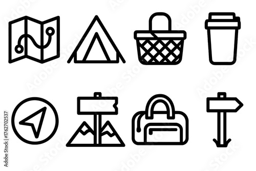 Short Getaways outline icon set: road map, tent icon, picnic basket, travel mug, GPS arrow, scenic sign, overnight bag, trail marker.