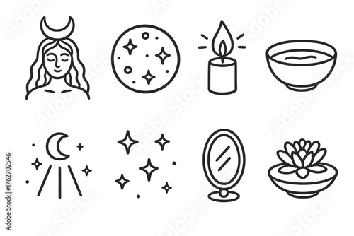 Spiritual Cycles set of icons in doodle hand-drawn vector style: moon goddess, ritual circle, candle flame, water bowl, moonlight rays, star symbols, reflection mirror, flower