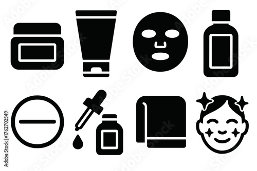Skincare Routine silhouette set: moisturizer jar, cleanser tube, face mask, toner bottle, cotton pad, serum dropper, towel, radiant face icon.
