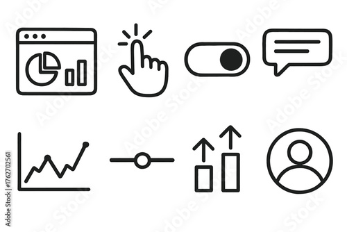 Interactive Analytics set of icons in doodle hand-drawn vector style: dashboard view, cursor click, toggle button, hover tooltip, time graph, slider bar, comparison chart, user