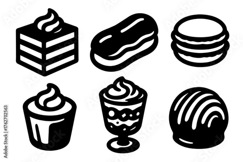 Fancy desserts silhouette set: layered cake, éclair, macaron, mousse cup, parfait glass, truffle.