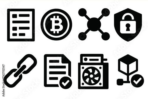 Blockchain Finance silhouette set: digital ledger icon, cryptocurrency coin, decentralized network nodes, secure wallet badge, transaction chain link, smart contract document,