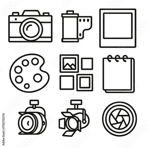 Creative snapshot outline icon set: vintage camera, photo reel, polaroid frame, sketchpad, palette, gallery wall, spotlight, artistic lens.