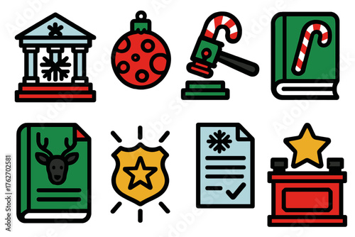 Festive Judicial Process silhouette set: snowflake courthouse, ornament gavel, candy cane law book, frosty justice scales, reindeer document file, glowing attorney badge, holiday