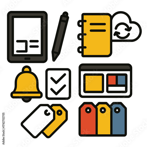 Smart Planner silhouette set: tablet screen, stylus pen, digital notebook, sync cloud, reminder bell, checkmark list, color-coded tags, dashboard view.