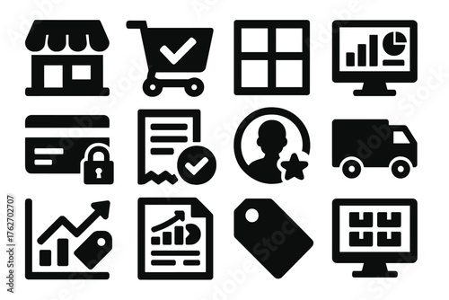 Professional E-Commerce Platforms silhouette set: enterprise storefront, verified checkout icon, structured product grid, KPI dashboard, secure payment card, compliance receipt,