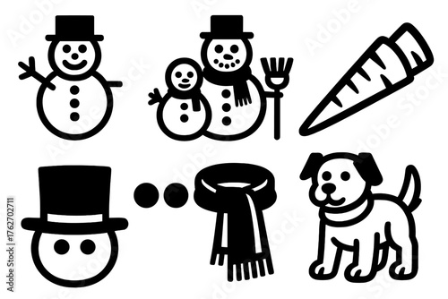 Snowman Traditions silhouette set: classic snowman, snow family, carrot nose, top hat, coal eyes, scarf wrapping, broomstick, snowdog.