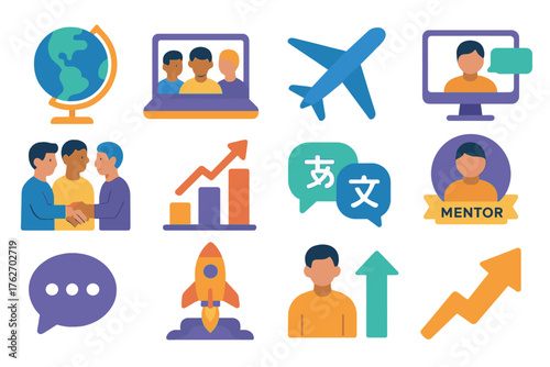 Global Startup Mentorship flat icons: globe icon, laptop, international team, airplane, video call, handshake, growth graph, translation icon, mentor badge, communication bubble,
