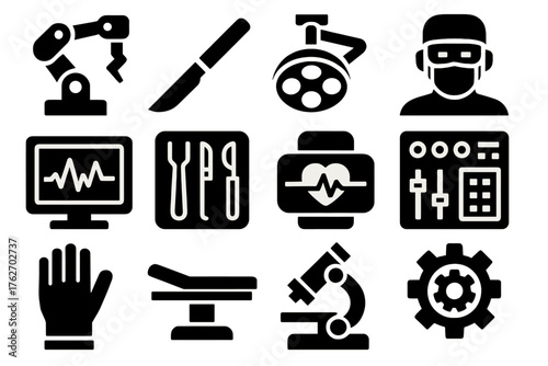 Surgical Technology silhouette set: robotic arm, scalpel, operating light, surgeon mask, monitor display, medical tool tray, pulse sensor, control panel, sterile glove, surgery