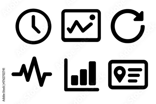 Real-Time Insights silhouette set: clock icon, live chart, refresh arrow, heartbeat line, network signal, tracking panel.