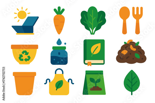 Sustainable Cuisine flat icons: solar oven, organic carrot, leafy greens, wooden utensils, recycled bowl, rainwater jar, eco recipe book, compost pile, terracotta pot, cloth apron,
